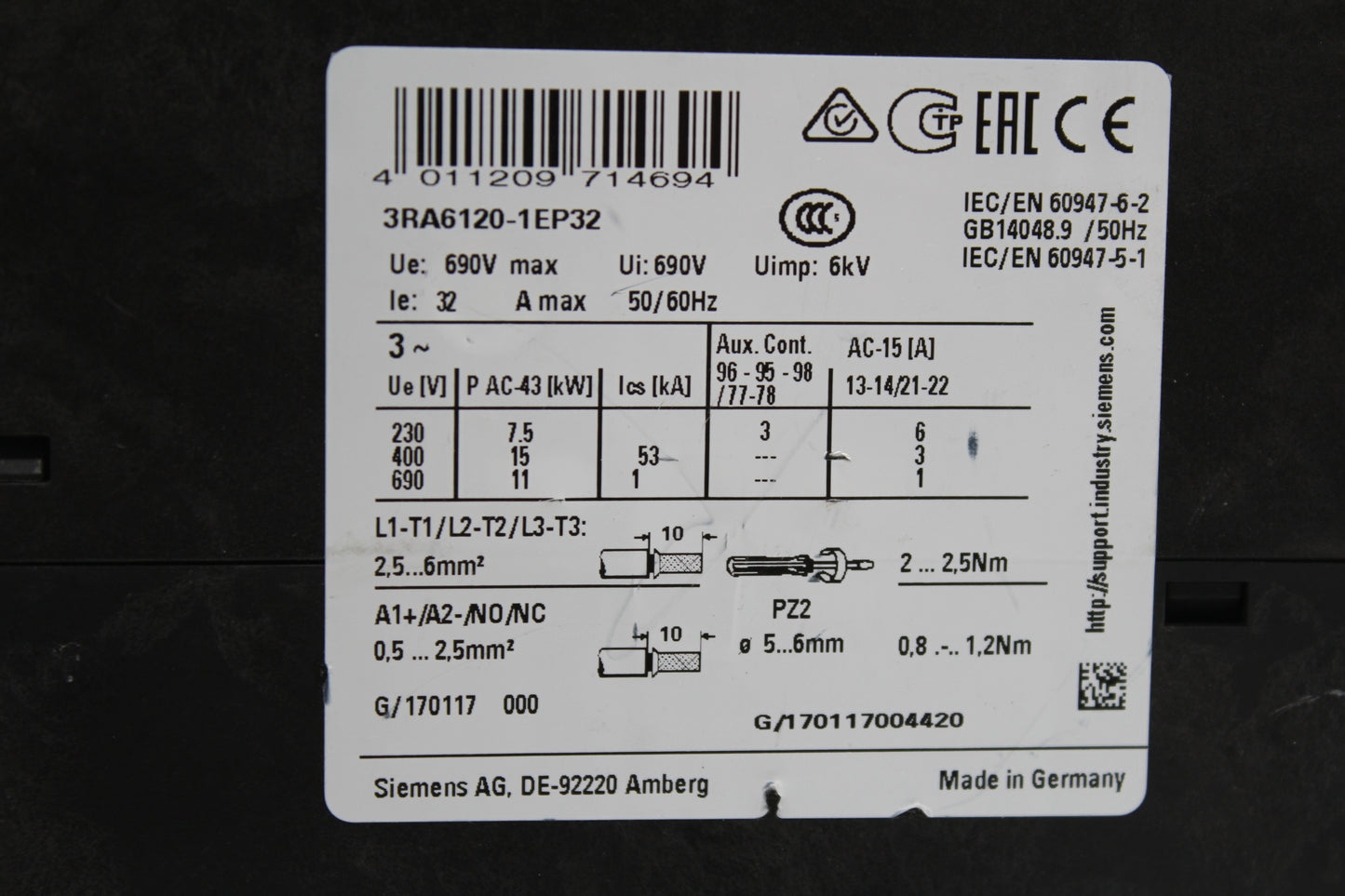 NEW NO BOX | SIEMENS | 3RA6120-1EP32 | SIRIUS MOTOR STARTER